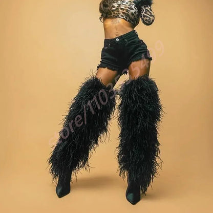 2025 Winter Black Sexy Ladies Catwalk Fur Boots Fashion Street Model Soft Fur Knee-High Stage Boots Pointed Warm Stiletto Boots