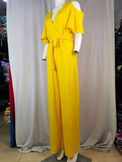 2024 Spring/Summer New Women's jumpsuit loose and elastic V-neck off shoulder waist loose wide leg pants for women's clothing