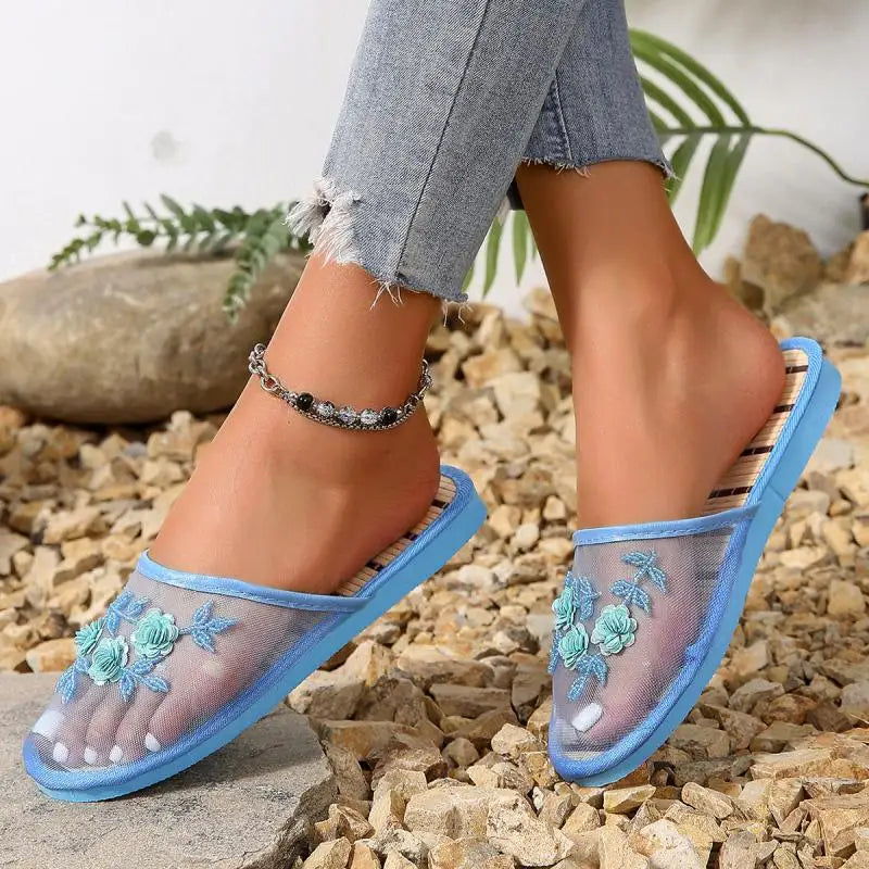 Mesh Breathable Embroider Sequin Flower Mules Shoes Summer Closed Toe Soft Bottom Sandals Female Chinese Style Bamboo Sandals
