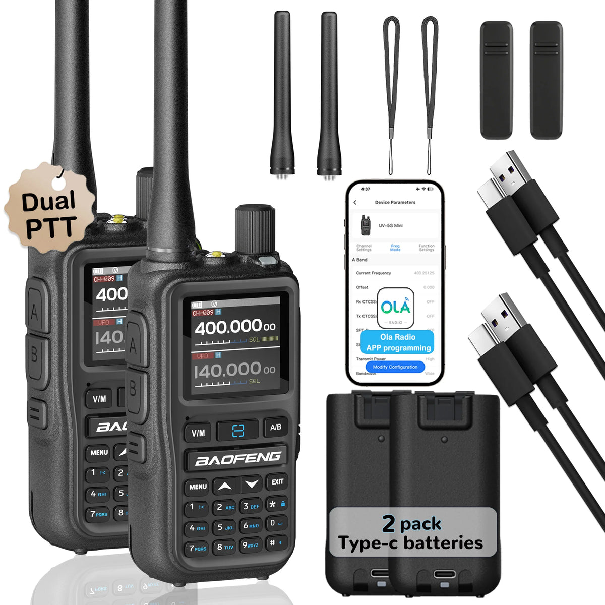 2 Pack BAOFENG UV-5R Mini Dual Band Two-Way Radio (5W/999CH) - Bluetooth APP Programming, NOAA Alert, Type-C Fast Charging