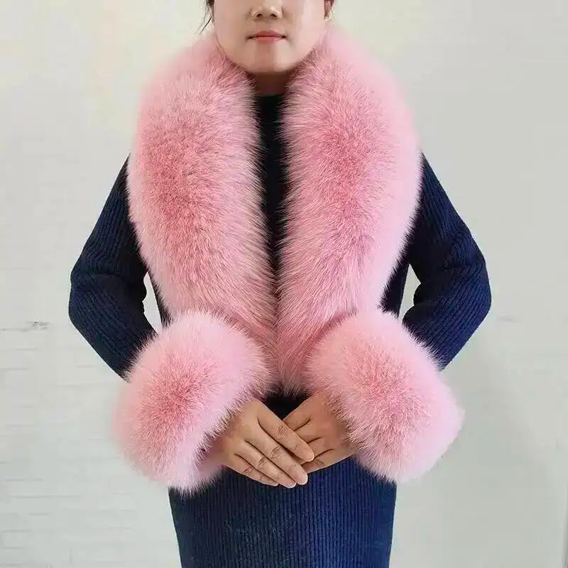 Winter Real Fox Fur Collar Cuffs Set Neck Warmer Fur Scarves Shawls Natural Fox Fur Collar Scarf Women Men Coat Warm Accessories