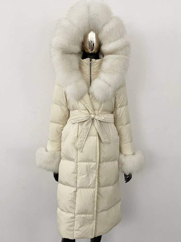 OFTBUY 2024 Long Winter Jacket Women Natural Real Raccoon Fox Fur Collar Hooded White Duck Down Coat Thick Warm Casual Outerwear
