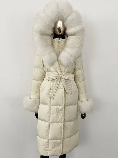 OFTBUY 2024 Long Winter Jacket Women Natural Real Raccoon Fox Fur Collar Hooded White Duck Down Coat Thick Warm Casual Outerwear