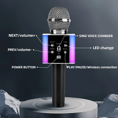 Wireless Karaoke Microphone Bluetooth Speaker LED Light Portable Singing Mic with Voice Changer for Kids Adults Party Outdoor Birthday Gift Car Travel Home KTV Rechargeable Handheld Karaoke Machine Christmas Present Fun Toy C