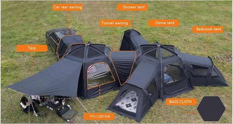 Hot Selling Large Connectable Big Family Camping Tent Dia. 460cm Geodesic Dome Tent with Modular Pod Tent Design 5 Bedrooms