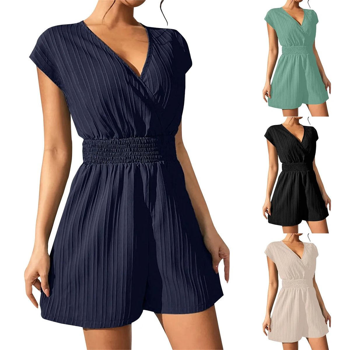 Women V Neck Rompers 2024 Summer Shorts Jumpsuits Short Sleeved Playsuits With Pockets Casual Solid Loose Beach Overalls