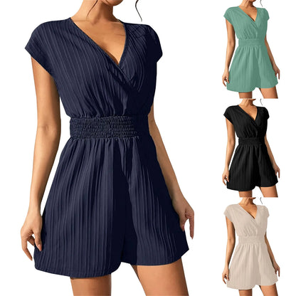 Women V Neck Rompers 2024 Summer Shorts Jumpsuits Short Sleeved Playsuits With Pockets Casual Solid Loose Beach Overalls