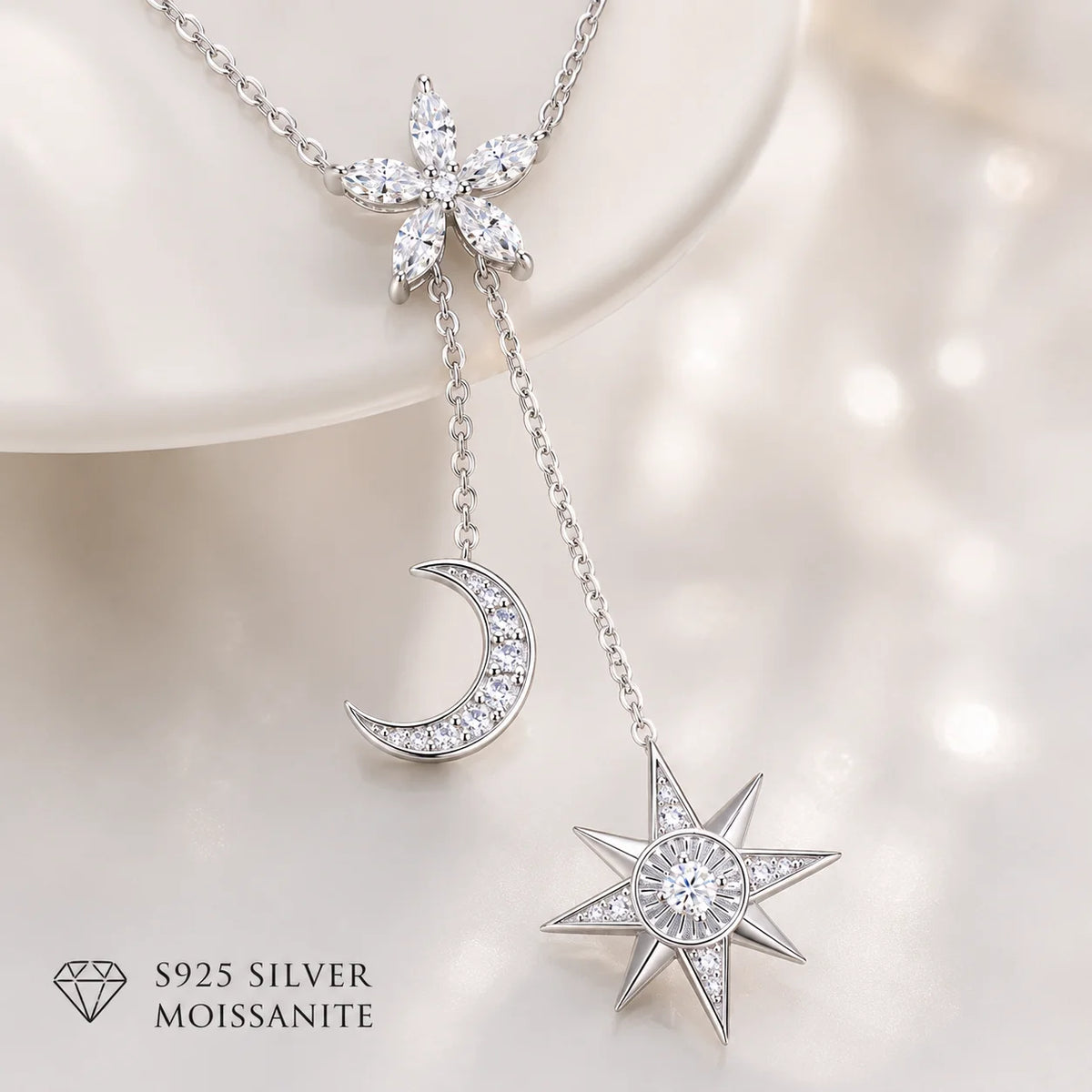 Moissanite Celestial Necklace for Women S925 Sterling Silver Star Moon Y Drop Lariat D Color VVS1 GRA Certified Fine Jewelry