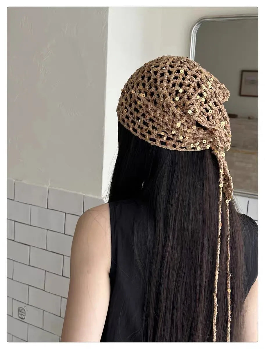 French Retro Knitted Triangular Towel Female Hottie Travel Sweet and Cute Literary Style Handmade Crochet Headscarf Headband