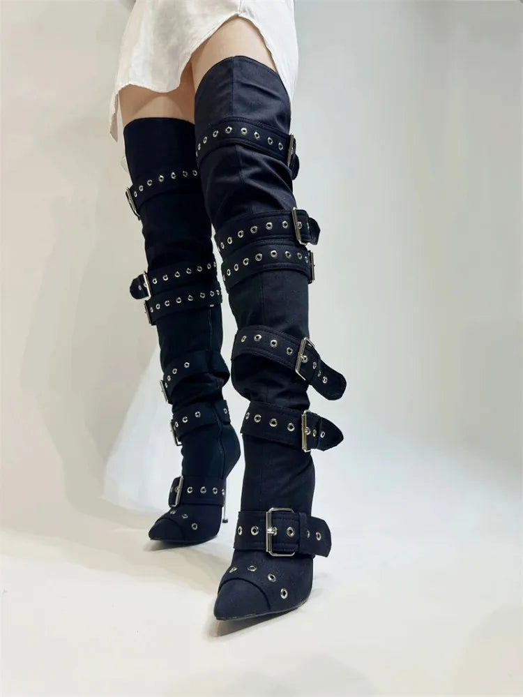 New Women Denim Metal Rivet Buckle Sandals Women Sexy Punk Style Pointed Hollow Metal 11cm High Heel Knee High Boots Size34-43