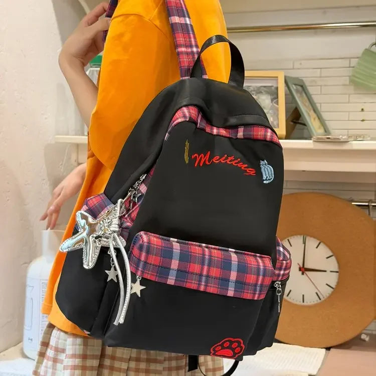 Preppy Style Blue Backpack for Girls, Plaid Spliced School Bag, Cute Nylon Daypack Star Pendant, Large Capacity Student Rucksack