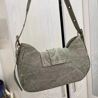 Y2k Vintage Shoulder Bag American Street Style Rivets Green Canvas Handbag Gothic Punk Biker Cool Designers Underarm Bag Handbag