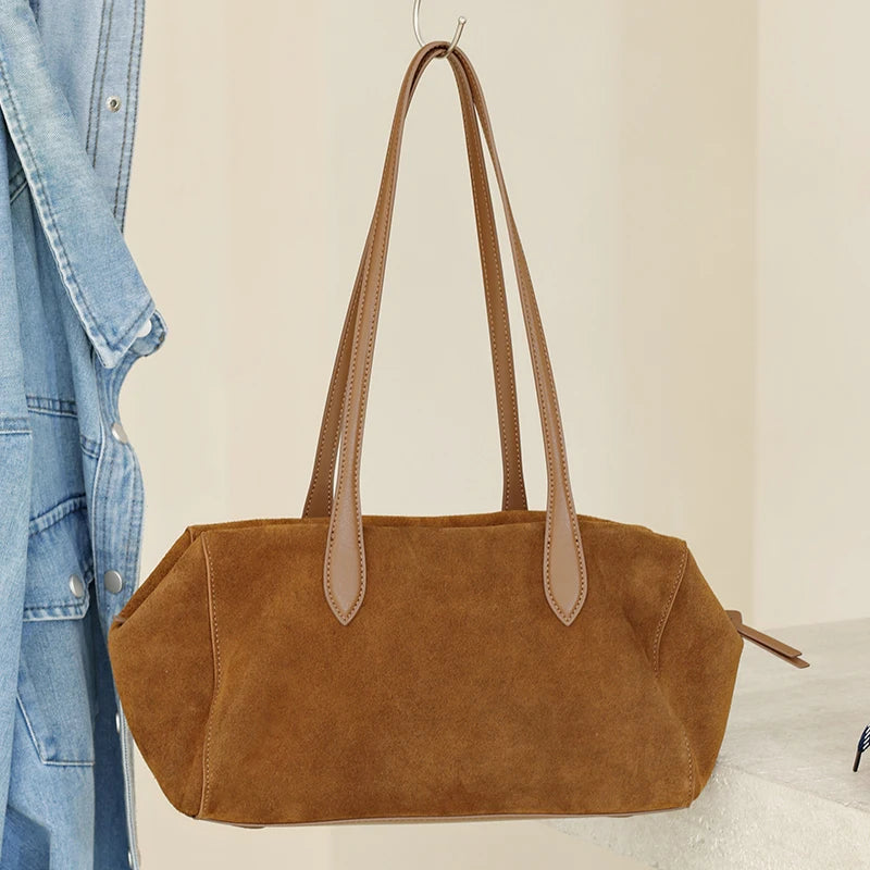 New Women's Natural Suede Leather long handle Shoulder Bag Luxury Designe Genuine Suede Leather Handbags Shopping Underarm Bag