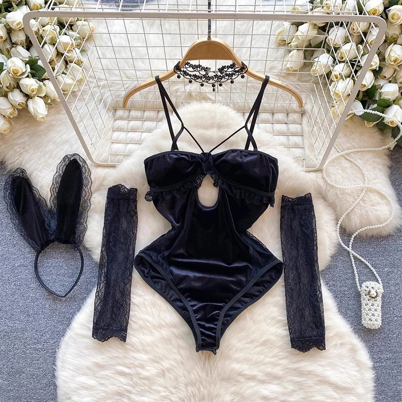 Women Lace Patchwork Velour Strappy Catsuits Fashion One Piece Combination Rompers Erotic Fashion Sexy Bunny Bodysuits Cosplay