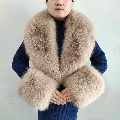 Large Women Faux Fox Fur Scarf Winter Jackets Warm Fluffy Shawl Fashion Artificial Fur Collar And Cuff Set Fluffy Scarves Female