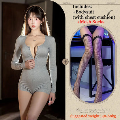 Sexy Short Yoga Open Crotch Bodysuit Long Sleeve Slim Fit Solid Color V-Neck Female Fitness Shorts Low-Cut Zipper Sportwears