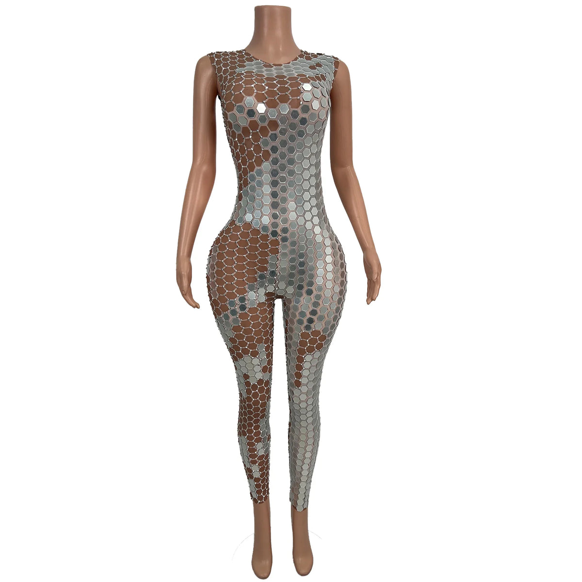 Women Sexy Sparkly Mirrors Sleeveless Bodycon Jumpsuit Celebrate Event Club Rompers Photo Shoot Stage Fashion Outfit Yinpianku