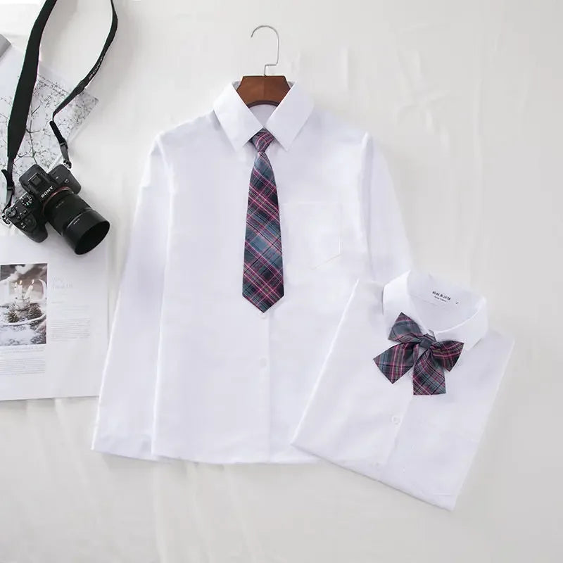 New Hot 2025 XS-3XL Women's Summer V Neck Long Sleeve Slim Casual White Shirt Tops Blouses For JK School Uniform Student Clothes