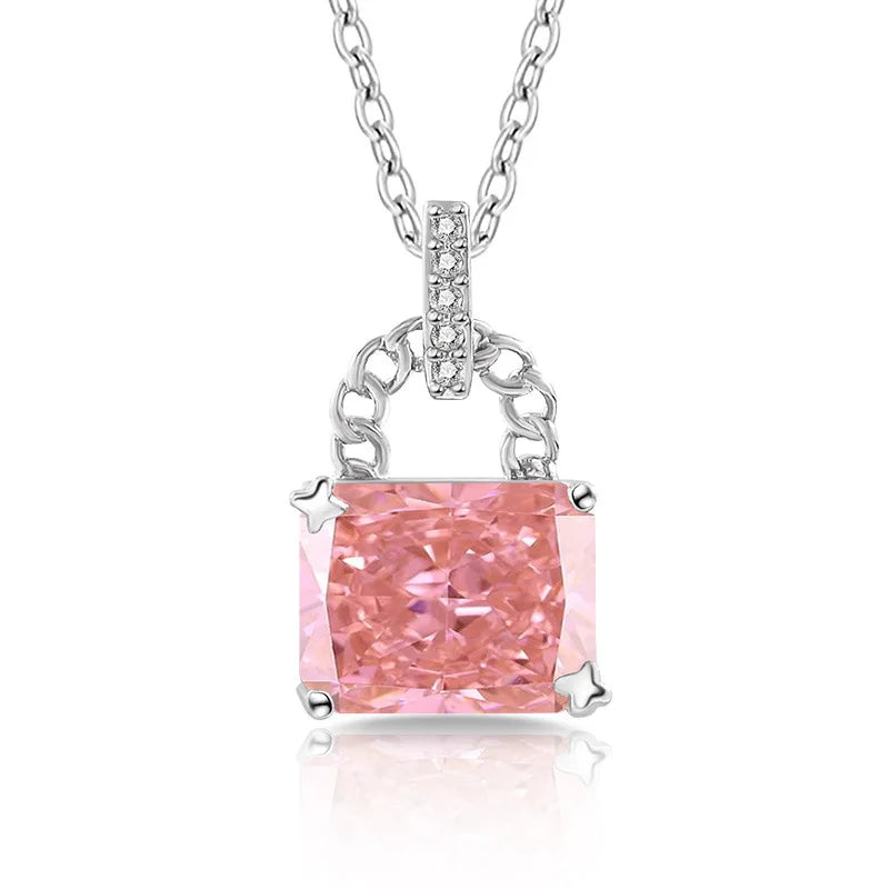 925 Sterling Silver Elegant Fashion High Carbon Diamond Ice Flower Cut Small Lock Pendant Necklace Daily Versatile