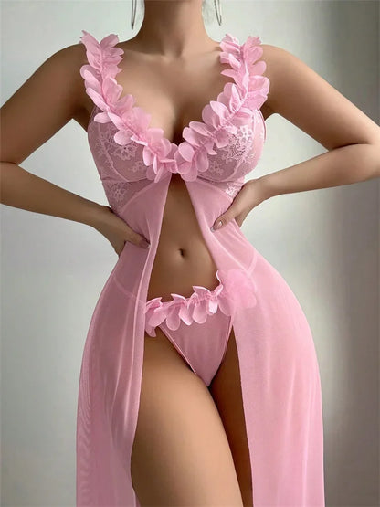 Women Babydolls Nighties Pink Floral Sexy Lingerie Dress Exotic Slip Nightdress Deep-V Lace Mesh See Through Nightgowns