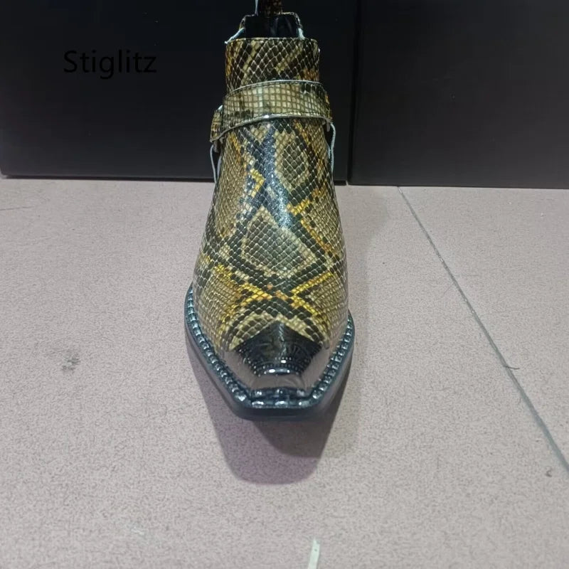 Buckle Strap Snakeskin Ankle Boots for Men High Heels Slip On Genuine Leather Work Boots Metal Decor Chelsea Boots Men's Shoes