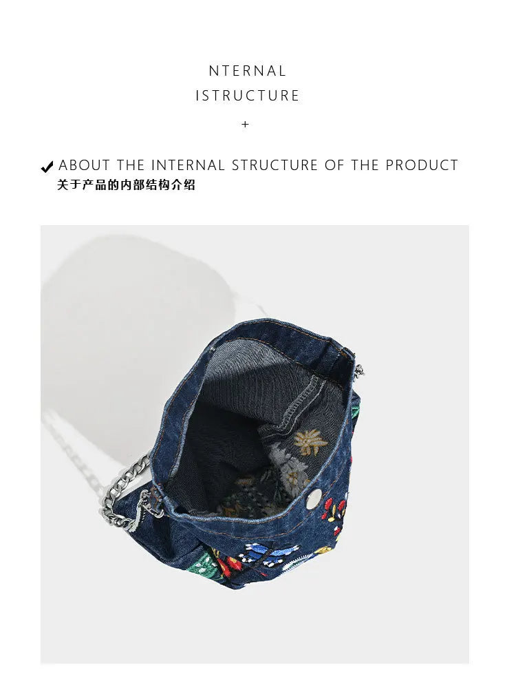 Embroidered Flowers Women Cowboy Shoulder Bag Fashion Chain Ladies Messenger Bags Denim Handbag Personality Trend Student Bag