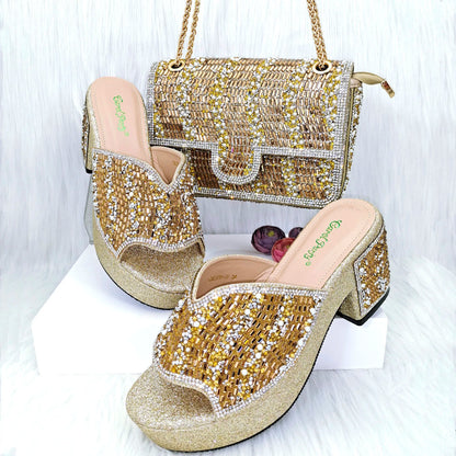Nigeria Distinguished Green And Elegant Women's Designer High Heels And Bag Set, Fashionable Fishmouth Shoes In Nigerian Style