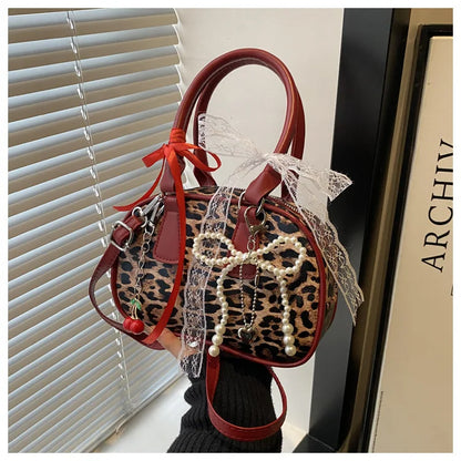 Vintage Leopard Pu Shoulder Bags for Women Portable Trendy Ladies Crossbody Bag Lace Pearl Pendant Female Bowling Handbags