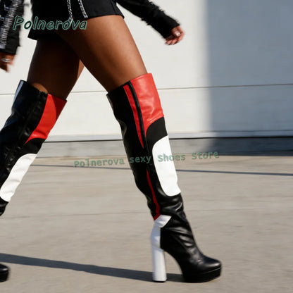 Multi Color Sexy Over The Knee Boots Round Toe Block Heels Side Zip Women Splicing Motorcycle Boots Punk Cool Style 2026 Spring