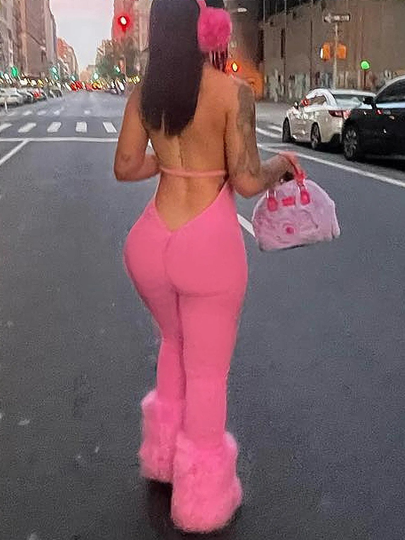 Women's solid color deep V-neck hanging neck jumpsuit sexy pleated backless slim fit jumpsuit