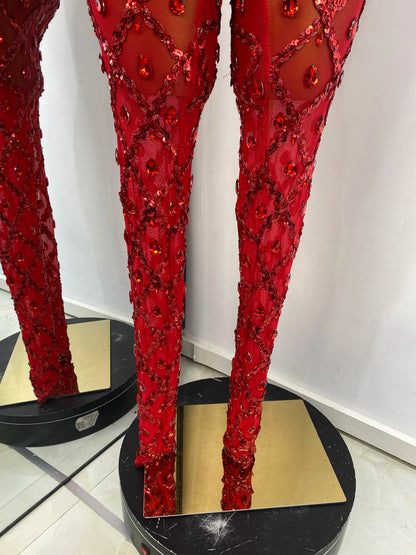 Women Rhinestones Sequines Mesh Bodycon Jumpsuits Sexy Special Occassion Nightclub DJ Dancer Stage Costumes Evening Club Dress