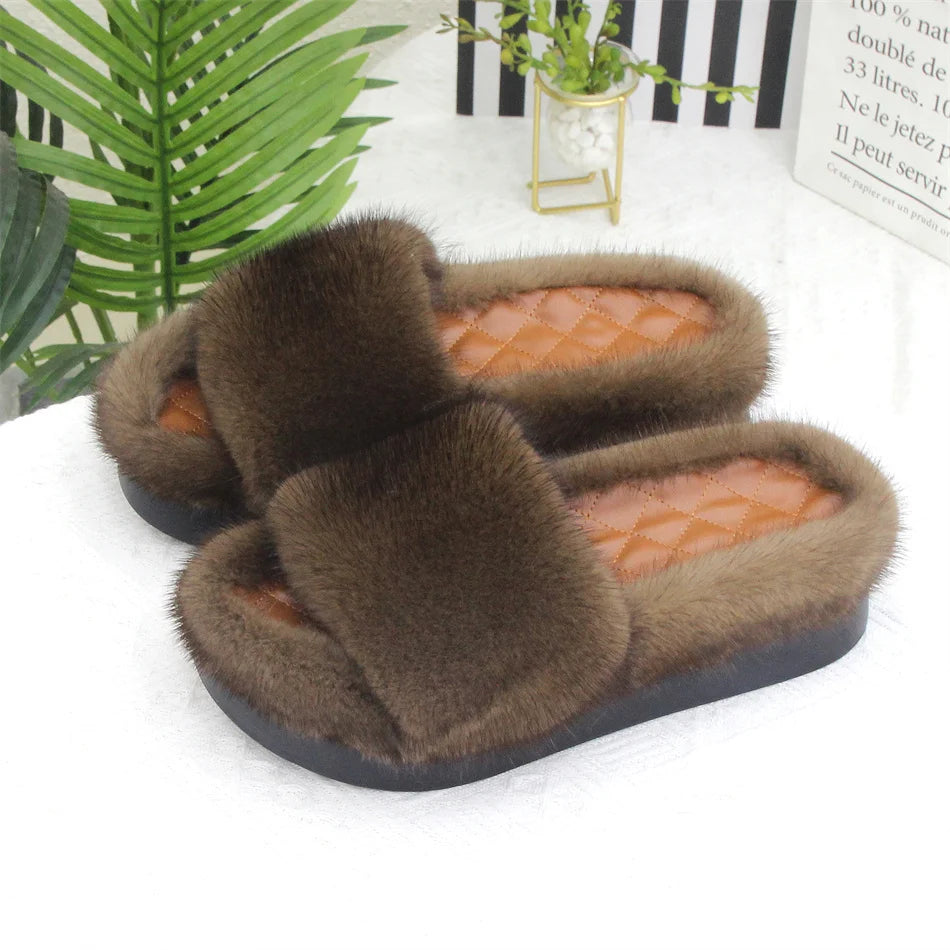 2026 Women Real Mink Fur Slippers Indoor Outdoor Luxury Shoes For Women Comfort Platform Fluffy Slipper Slides For Woman Summer