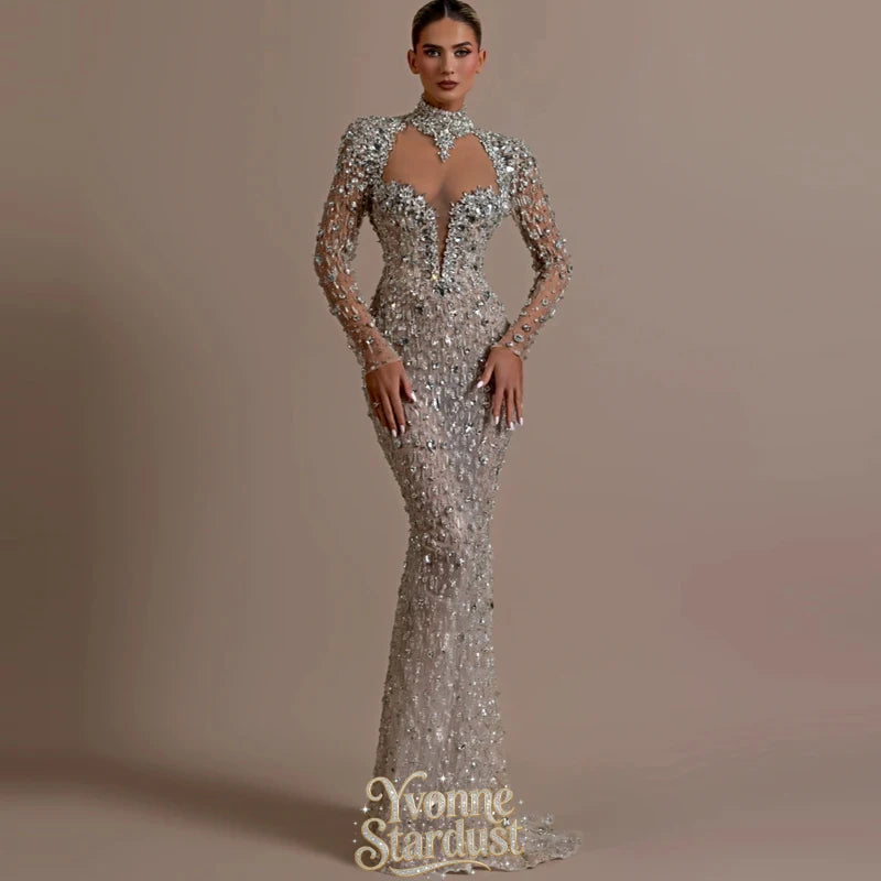 Yvonne Evening Dress Silver Charming See Through Corset Luxurious Crystals Elegant Prom Gown Backless Vestidos Fiesta Customized