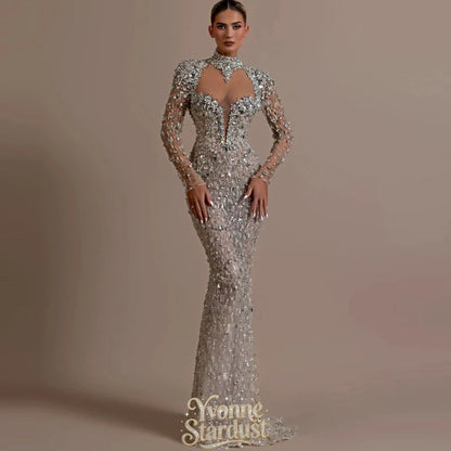 Yvonne Evening Dress Silver Charming See Through Corset Luxurious Crystals Elegant Prom Gown Backless Vestidos Fiesta Customized