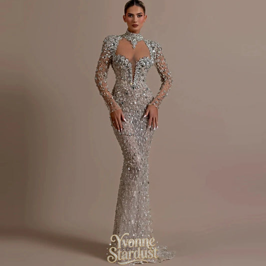 Yvonne Evening Dress Silver Charming See Through Corset Luxurious Crystals Elegant Prom Gown Backless Vestidos Fiesta Customized