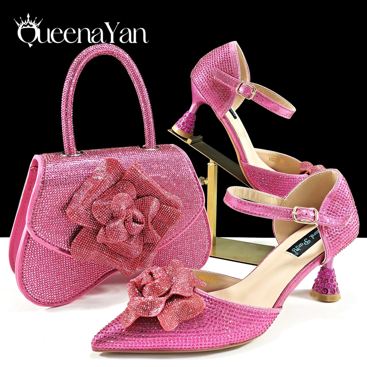Queena Yan Spot Goods Nigeria High Quality Heels Pumps And Bag Handmade Flowers Fashion Design For Nigeria Wedding Party