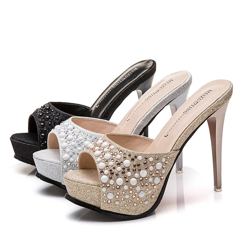 Women Crystal Slippers 2024 New Fashion Platform 12CM Thin High Heels Designer Slides Sandals Luxury Rhinestones Summer Shoes