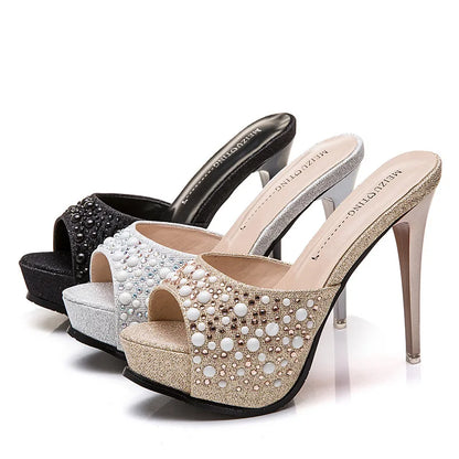Women Crystal Slippers 2024 New Fashion Platform 12CM Thin High Heels Designer Slides Sandals Luxury Rhinestones Summer Shoes