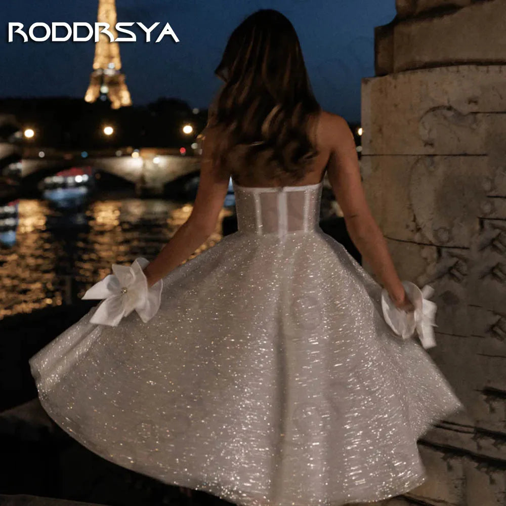 RODDRSYA Short Sparkly Wedding Dress Knee Length vestidos de novia Strapless Glitter Tulle Bride Dresses A Line Sleeveless Women