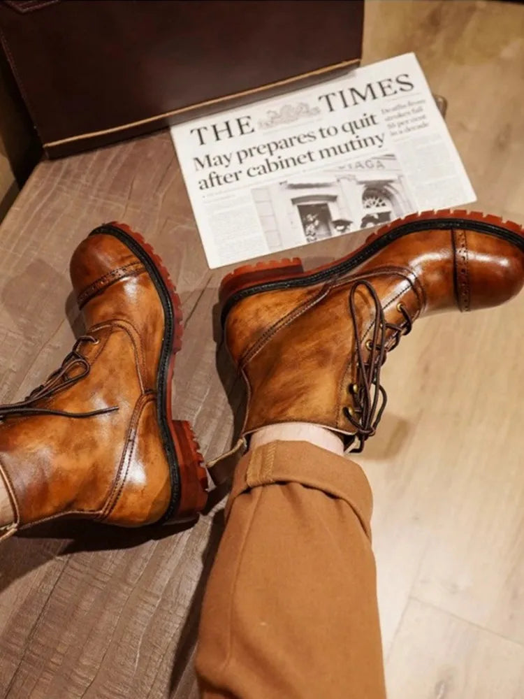 Vintage Mens Round Toe Lace Up High Top Work Safety Shoes Cowhide Genuine Leather Ankle Boots British Motorcycle Riding Boots 45