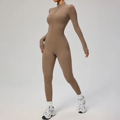 TRY TO BN Women's Jumpsuit Long Sleeve Zipper Shapewear Bodysuit Yoga Fitness One Piece Tights Gym Clothing Mono Deportivo Mujer
