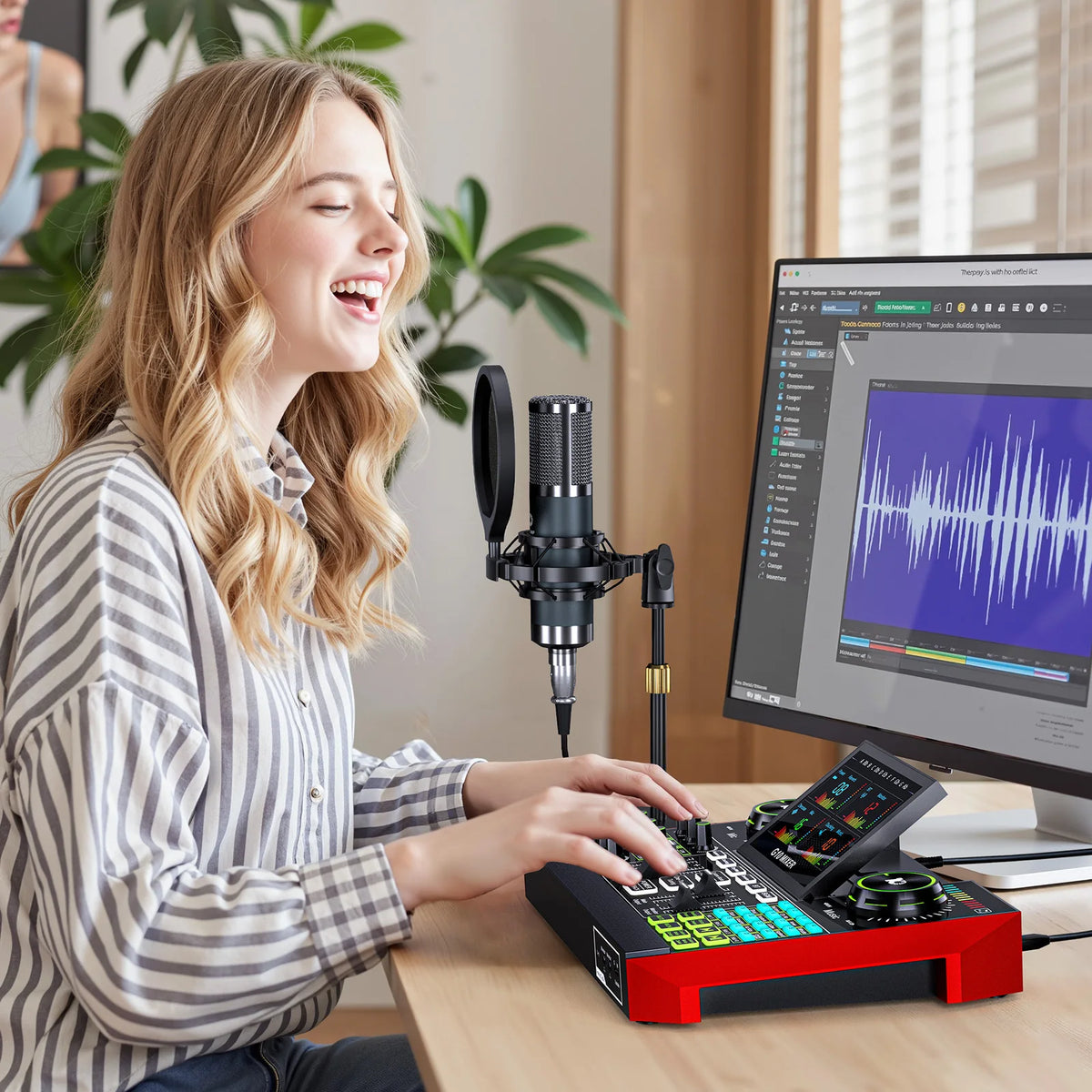 Tenlamp Podcast Equipment Bundle with Table Tripod, G10-P15B Live Sound Card Audio Mixer Kit with 3.5mm Condenser Microphone, Voice Changer Denoise for PC Smartphone Laptop, Studio Recording Streaming Gaming Singing Karaoke Y