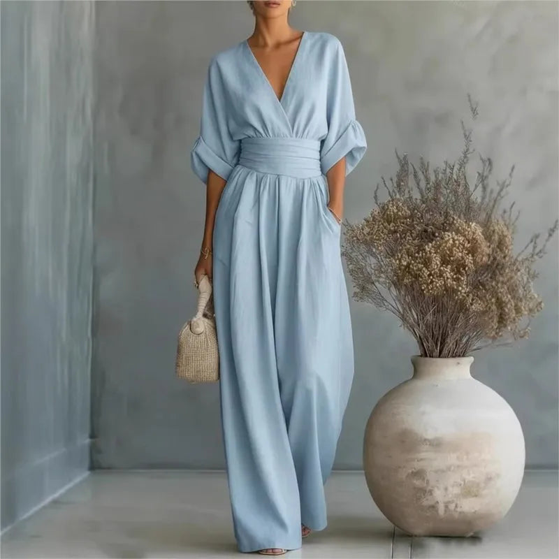 Summer Sexy Deep V-neck Short Sleeve Jumpsuits Elegant Women Solid High Waist Rompers Casual Sleeveless Wide Leg Pants Jumpsuit