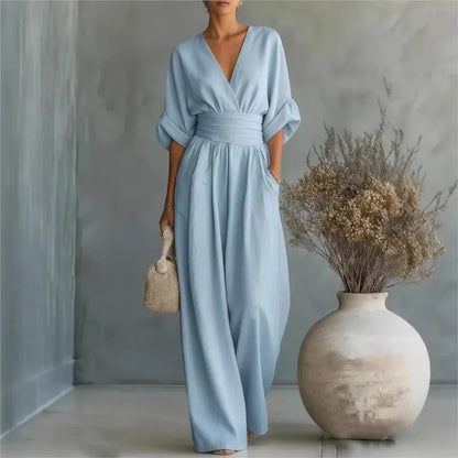 Summer Sexy Deep V-neck Short Sleeve Jumpsuits Elegant Women Solid High Waist Rompers Casual Sleeveless Wide Leg Pants Jumpsuit