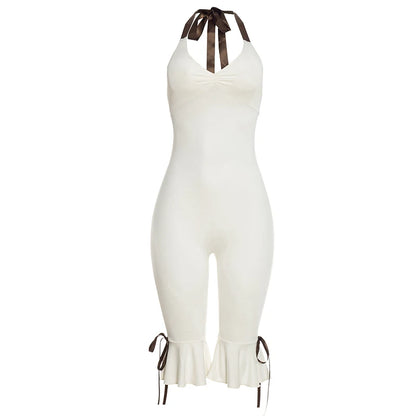 Kliou Sexy Backless Playsuits Woman Contrast Patchwork Bandage Halter Low-Neck Sleeveless Ruffles Street Fashion Skinny Rompers