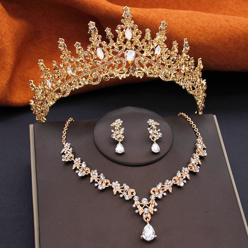 Elegant Silver Color Crystal Bridal Jewelry Sets Princess Tiara Crown and Necklace Earrings Sets for Bridal Wedding Prom Gifts