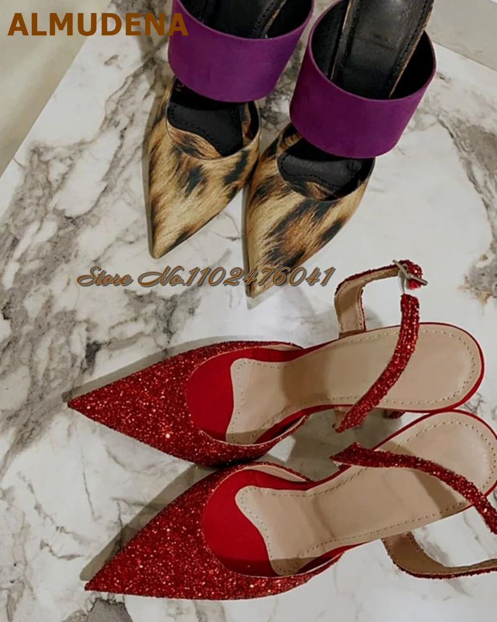 ALMUDENA Green Satin Fabric Slingback Banquet Shoes Red Silver Bling Bling Sequined Wedding Shoes Buckle Strap Shallow Pumps
