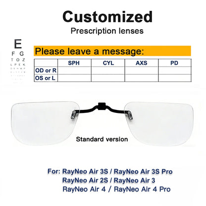 For RayNeo Air 4/Air 4 Pro/Air3S Pro/Air3/3S/Air 2S Smart Glasses Lens Custom Myopia and Hyperopia Anti-Blue Anti-glare Lenses