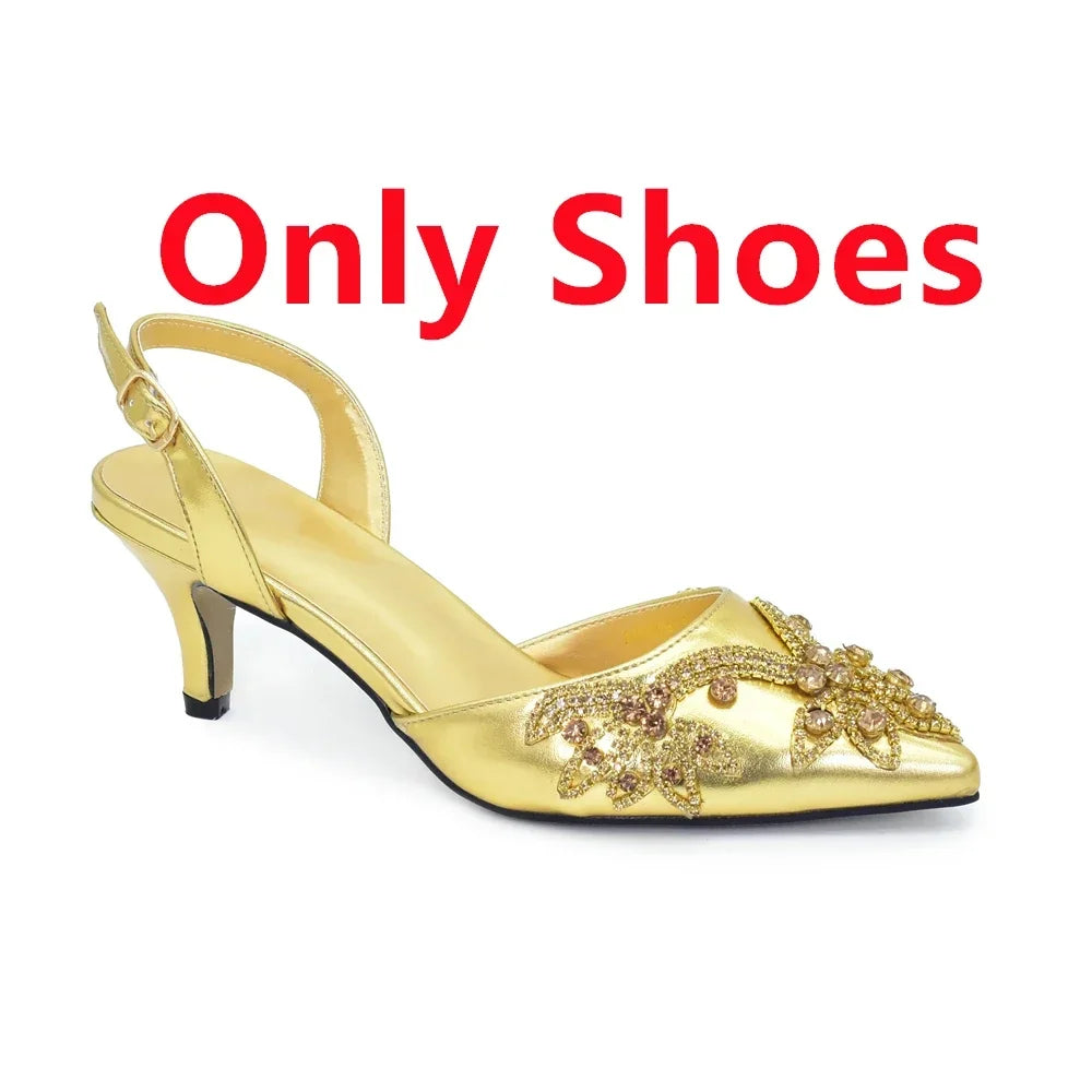 New Fashion Women Shoes and Bags To Match Set Nigeria Party Full Diamond Decoration Metal Closure Shoes for Party Luxury Pumps