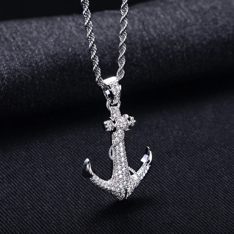 MossanRappr 2.28cttw Moissanite Iced Out Anchor Pendant 14K Gold Plated Hip Hop Necklace for Men & Women Shiny Party Accessory